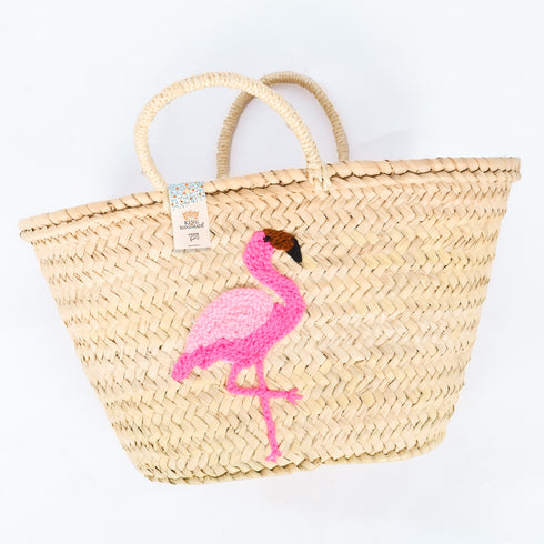 Flamingo Embroidered Basket 🦩- Tropical Handwoven Summer Tote